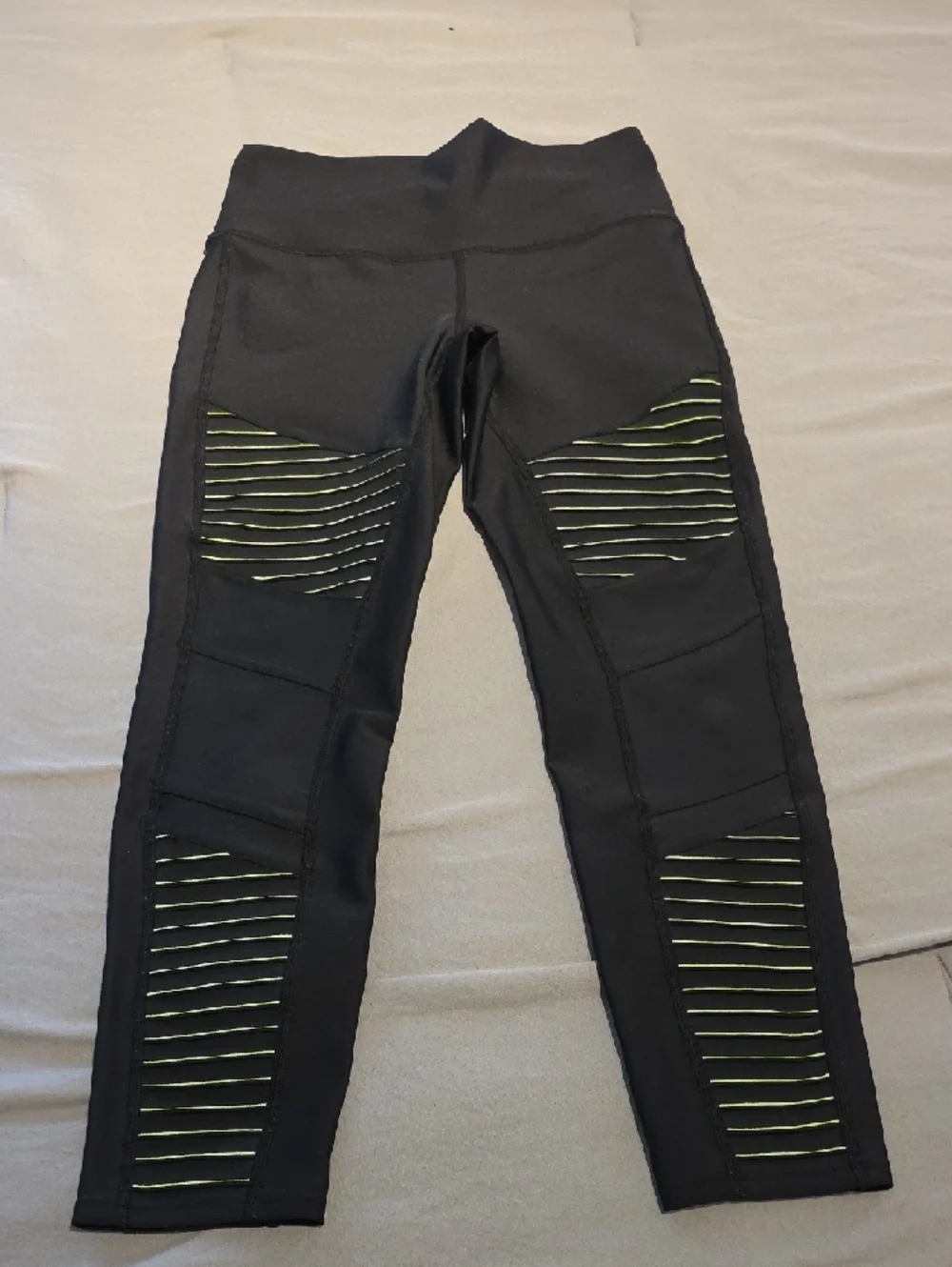 ALO Moto Black Leggings with Neon Yellow Stripe Detailing